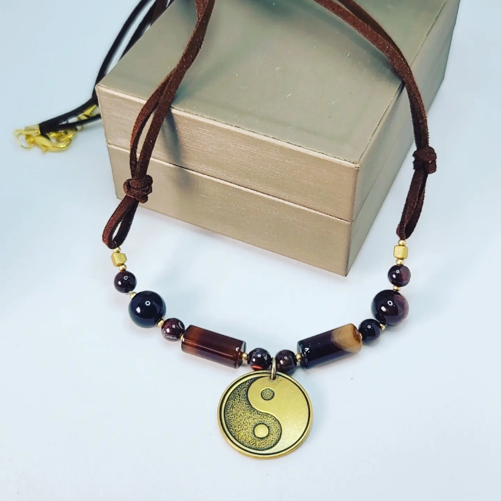 Lace Agate, Red Tiger Eye, Yin-yang charm necklace